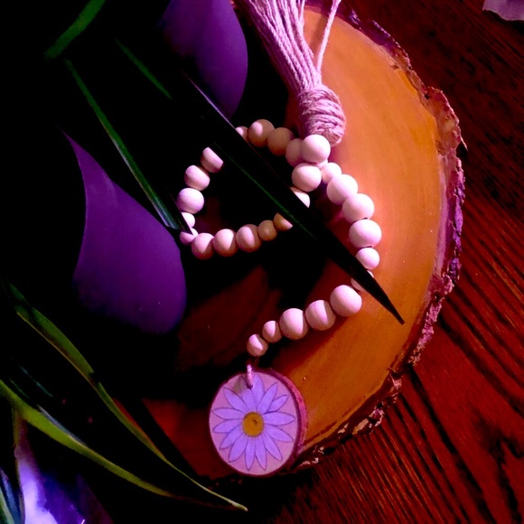 Succulents&Handmade Bead Garland w/ Tassel&Wood Slice with Hand Drawn Art - Picture 7 of 8